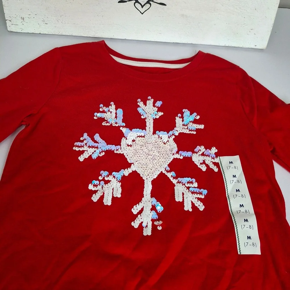 Cat Jack‎ Red Long Sleeve T Shirt Snowflake Sequin Girls Size M 7 8